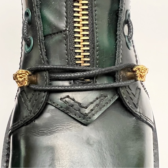 Versace Column Combat Boots Dark Green Leather Gold Medusa Logo Mens EU 41 US 8 - Picture 11 of 16